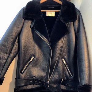 Zara Fux Biker Shearling Black Leather Jacket